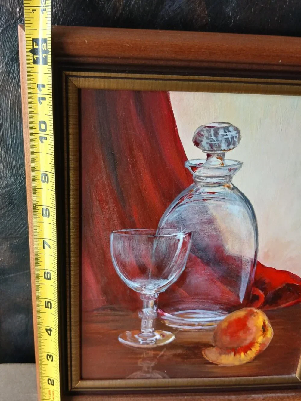 Vintage Still Life Oil Painting, Glass Decanter with Peach, BarCore